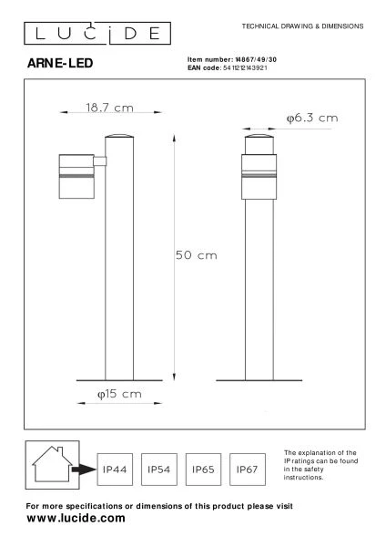Lucide ARNE-LED - Borne extérieur - Ø 6,3 cm - LED - GU10 - 1x5W 2700K - IP44 - Noir - technique